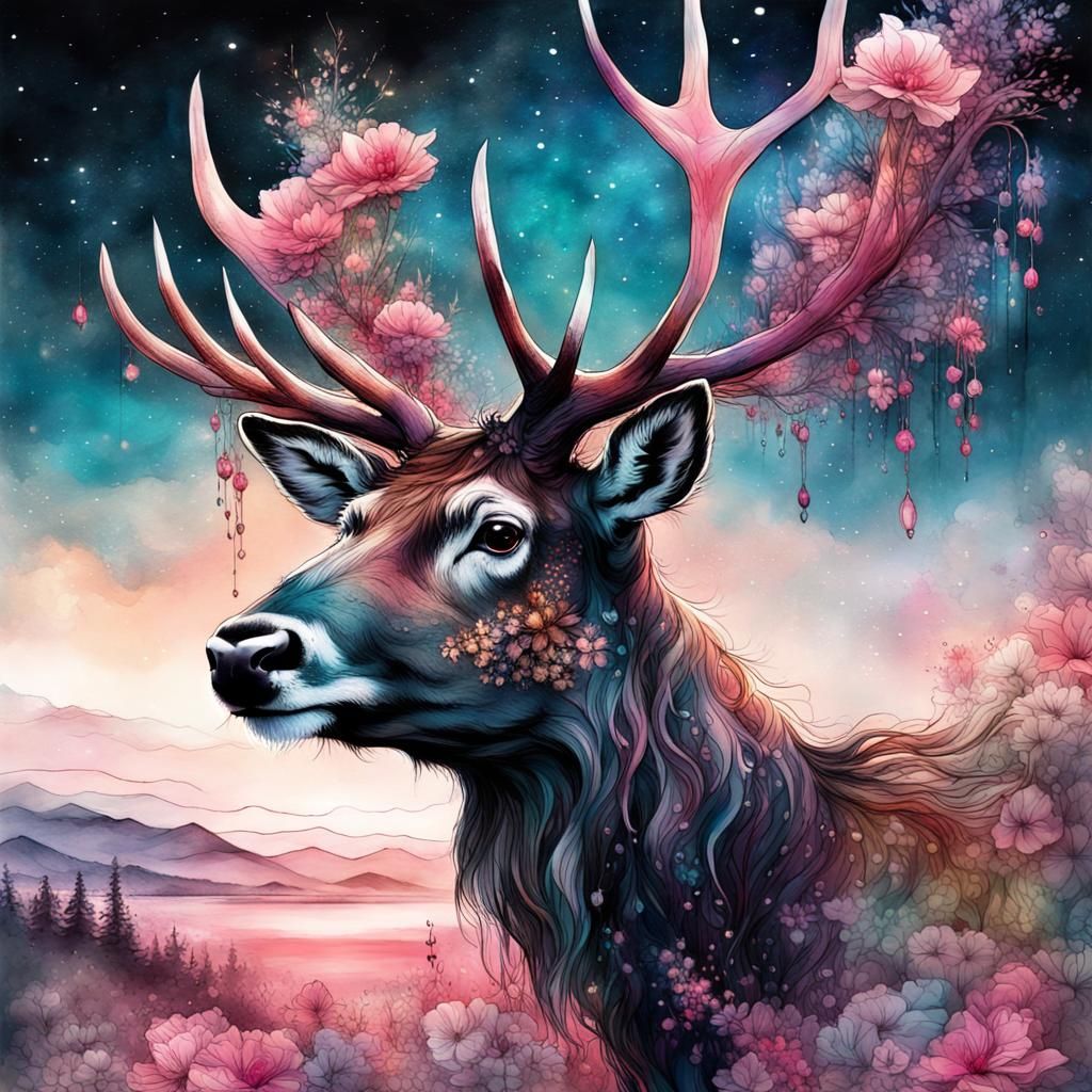 Colorful Reindeer Fairytale Illustration in Watercolor Art