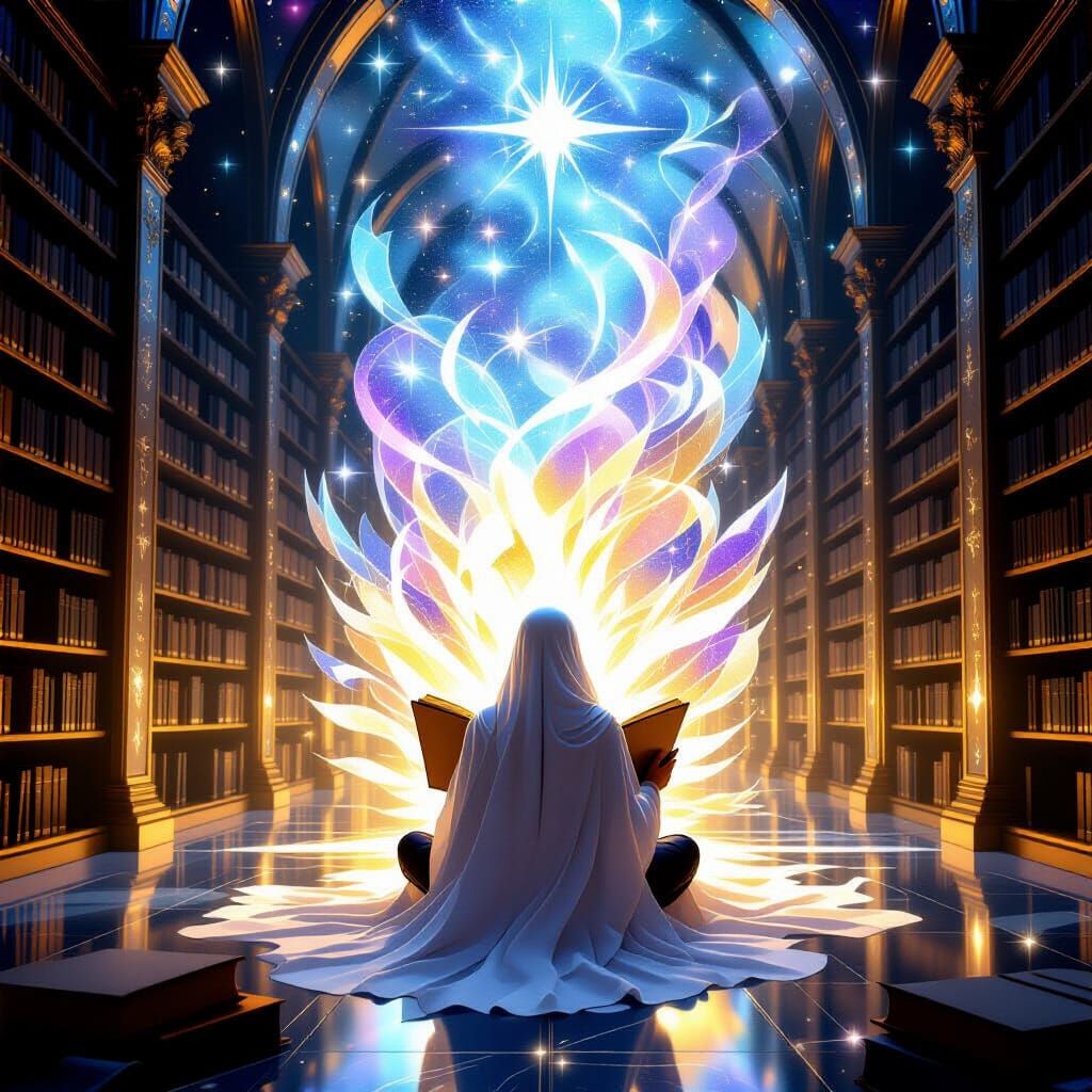 Cosmic Soul Reads Starry Book in Divine Library