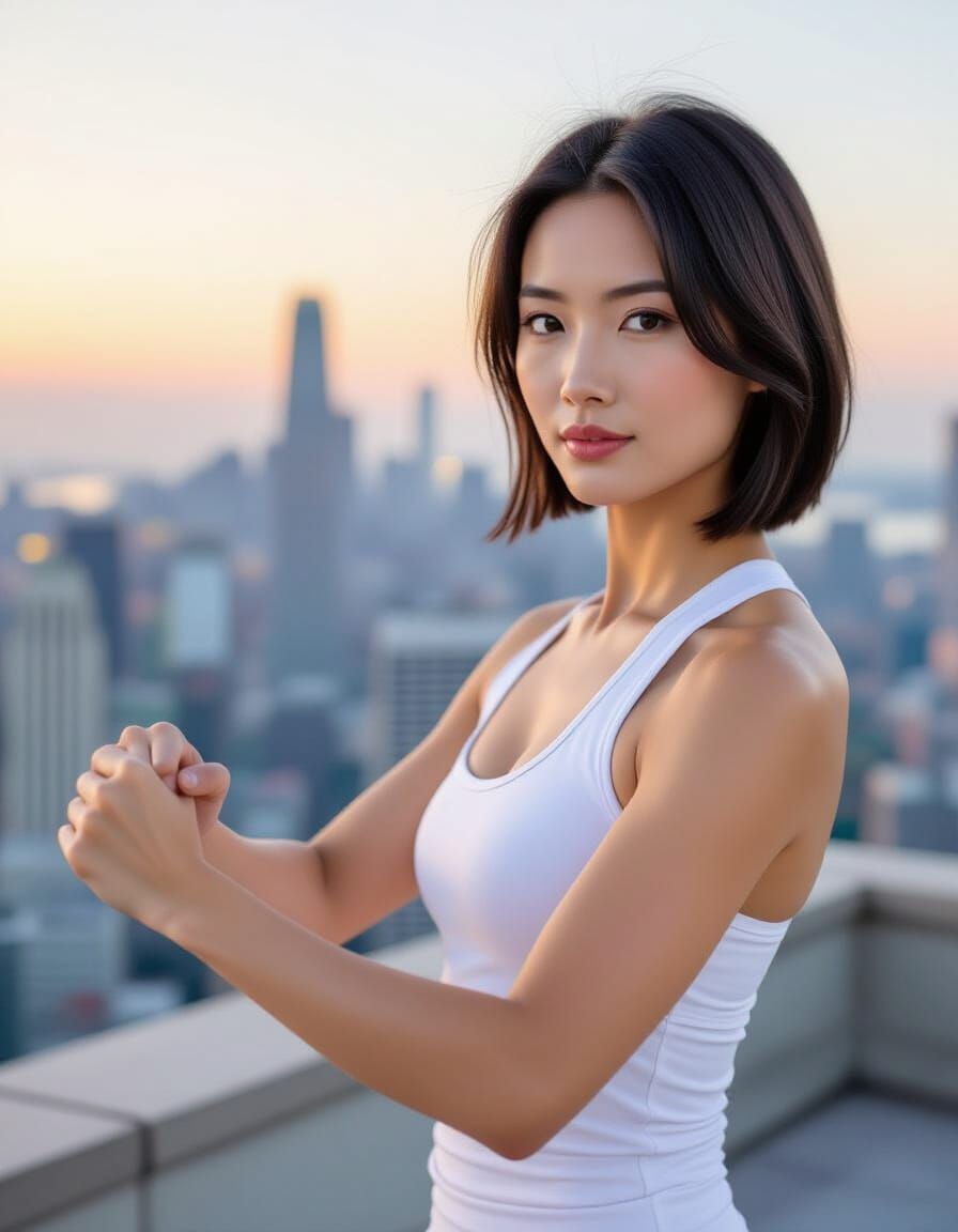 Asian Woman Training Kung Fu on Skyscraper