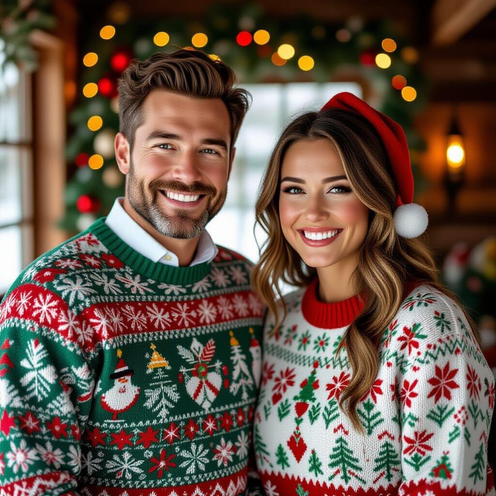 Smiling Couple in Ugly Christmas Sweaters, Hyperrealistic