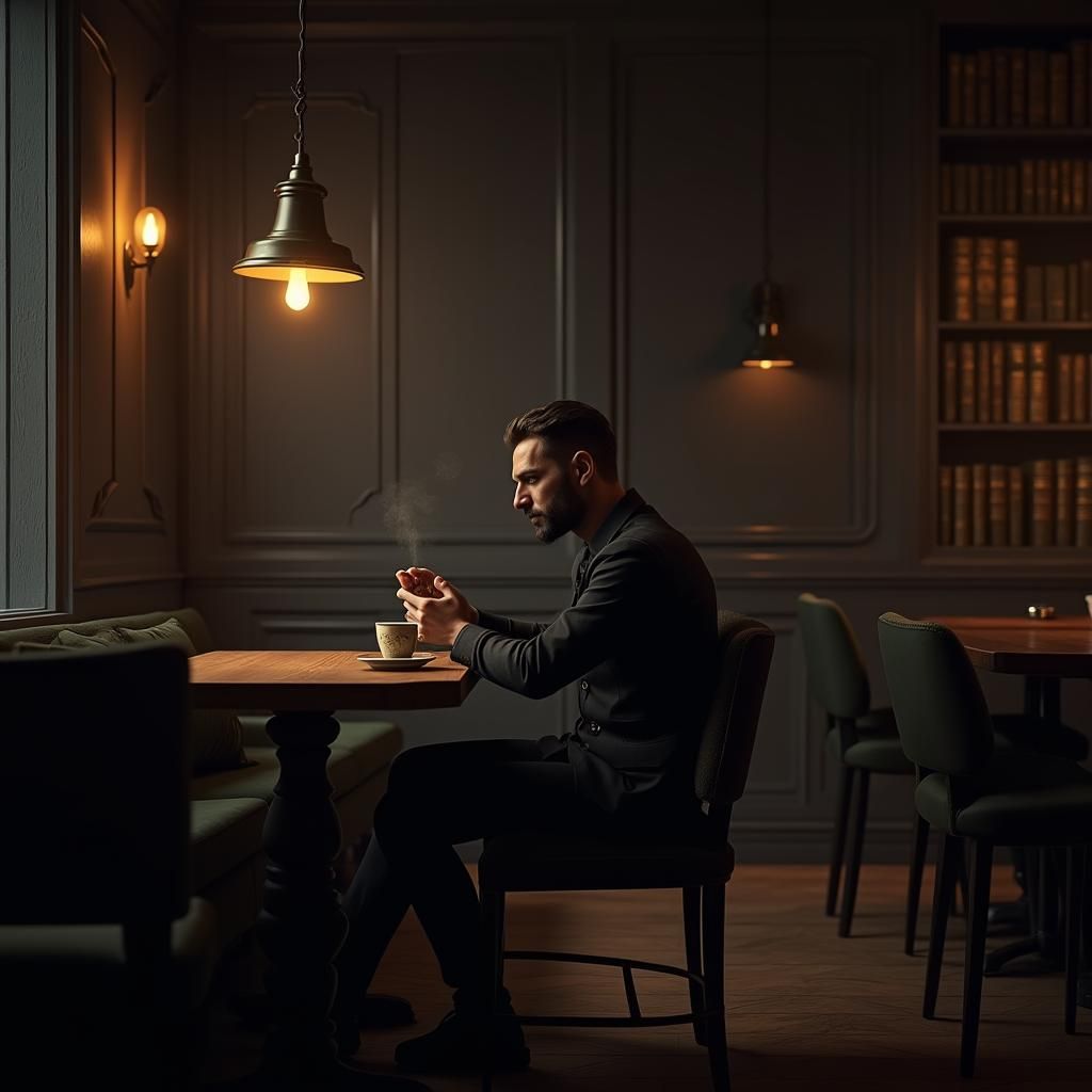 Contemplative Cafe Scene in Evocative Fantasy Style