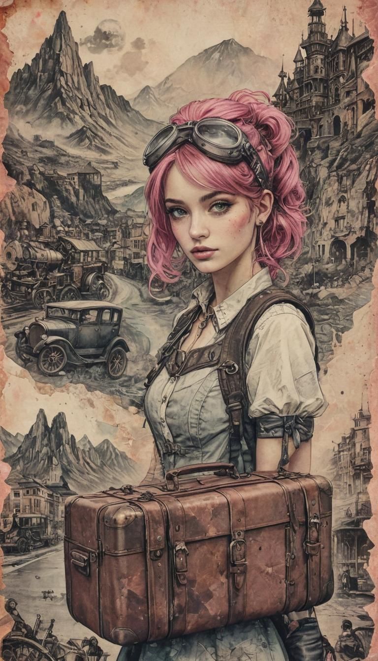 Steampunk Girl's Fantasy: Vintage Travel Postcard