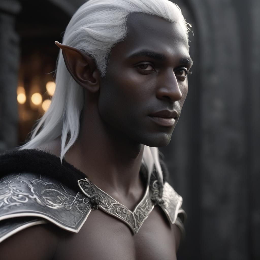 Drow Elf Male with White Hair in Cinematic Style