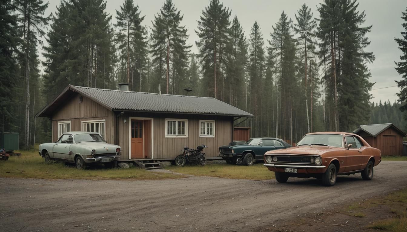 Finnish House with Vintage Car: Cinematic Film Still