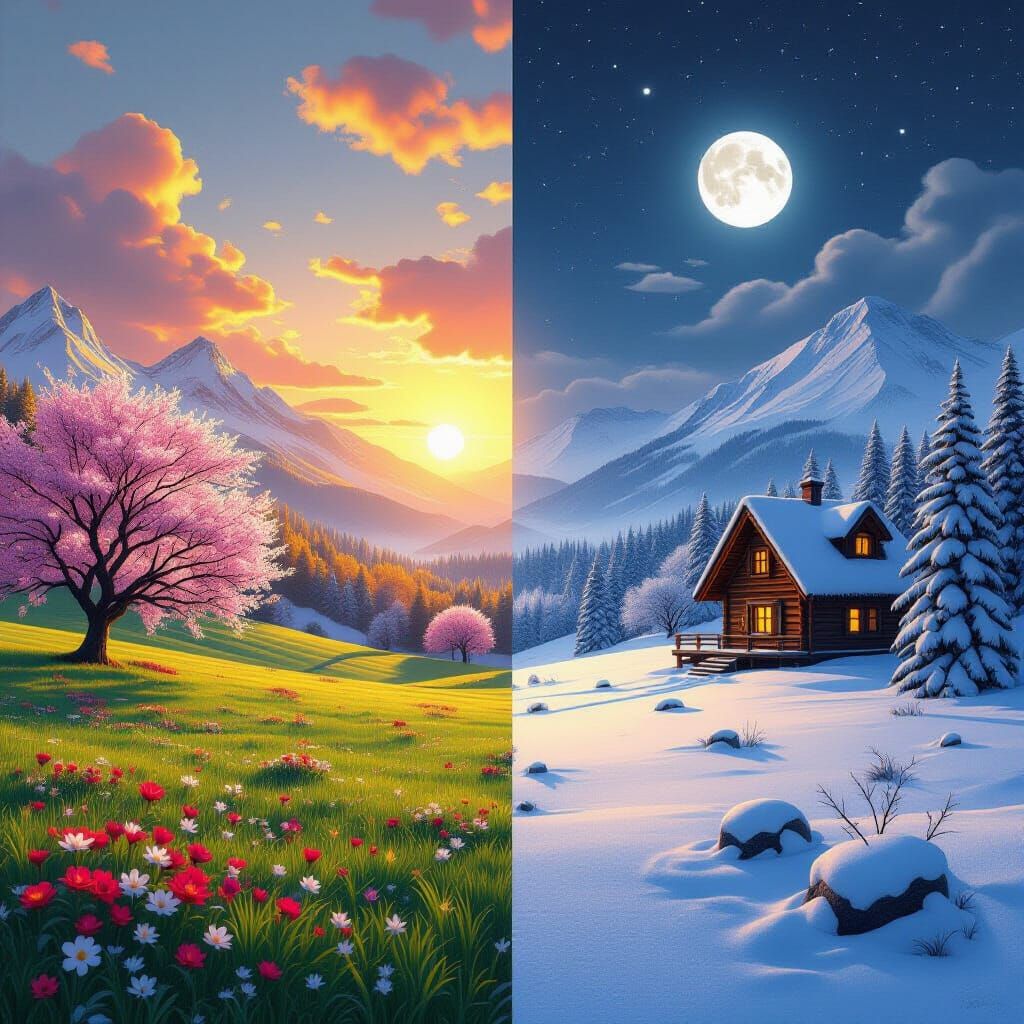 Yin-Yang Seasons: Spring Meets Winter Fantasy Landscape