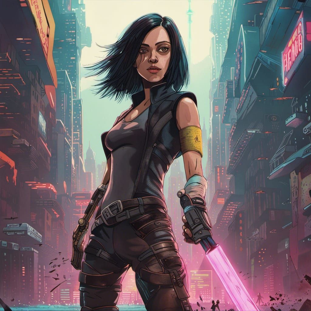 Alita Wields Jedi Sword in Cyberpunk Neon City