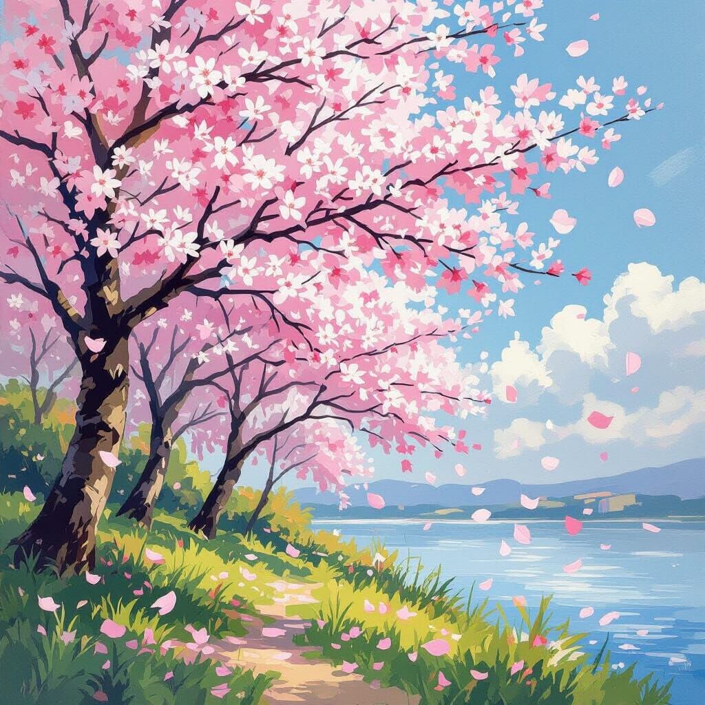 Impressionist Cherry Blossoms Falling Petals