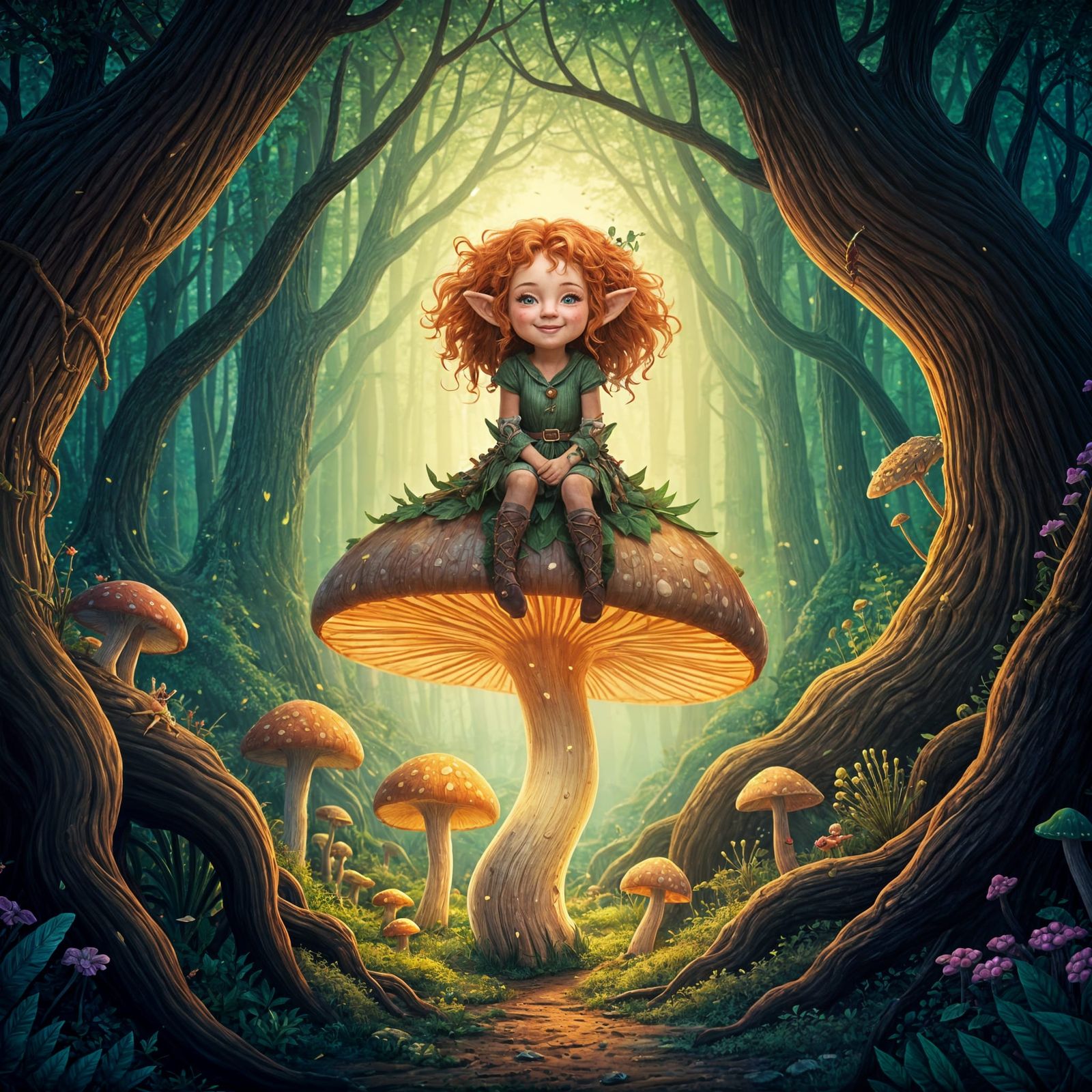 Joyful Gnome Girl on Mushroom in Ancient Forest