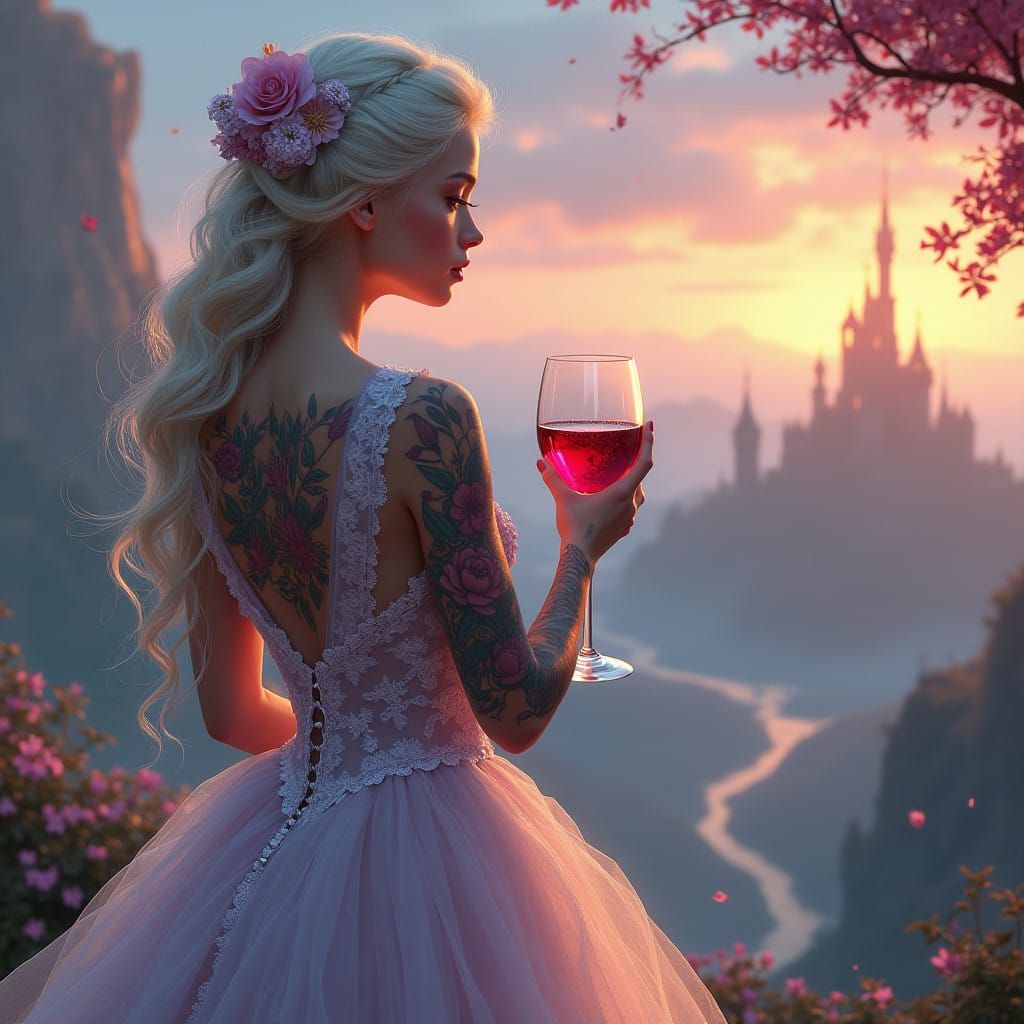 A Regal Woman in Whimsical Castle Landscape