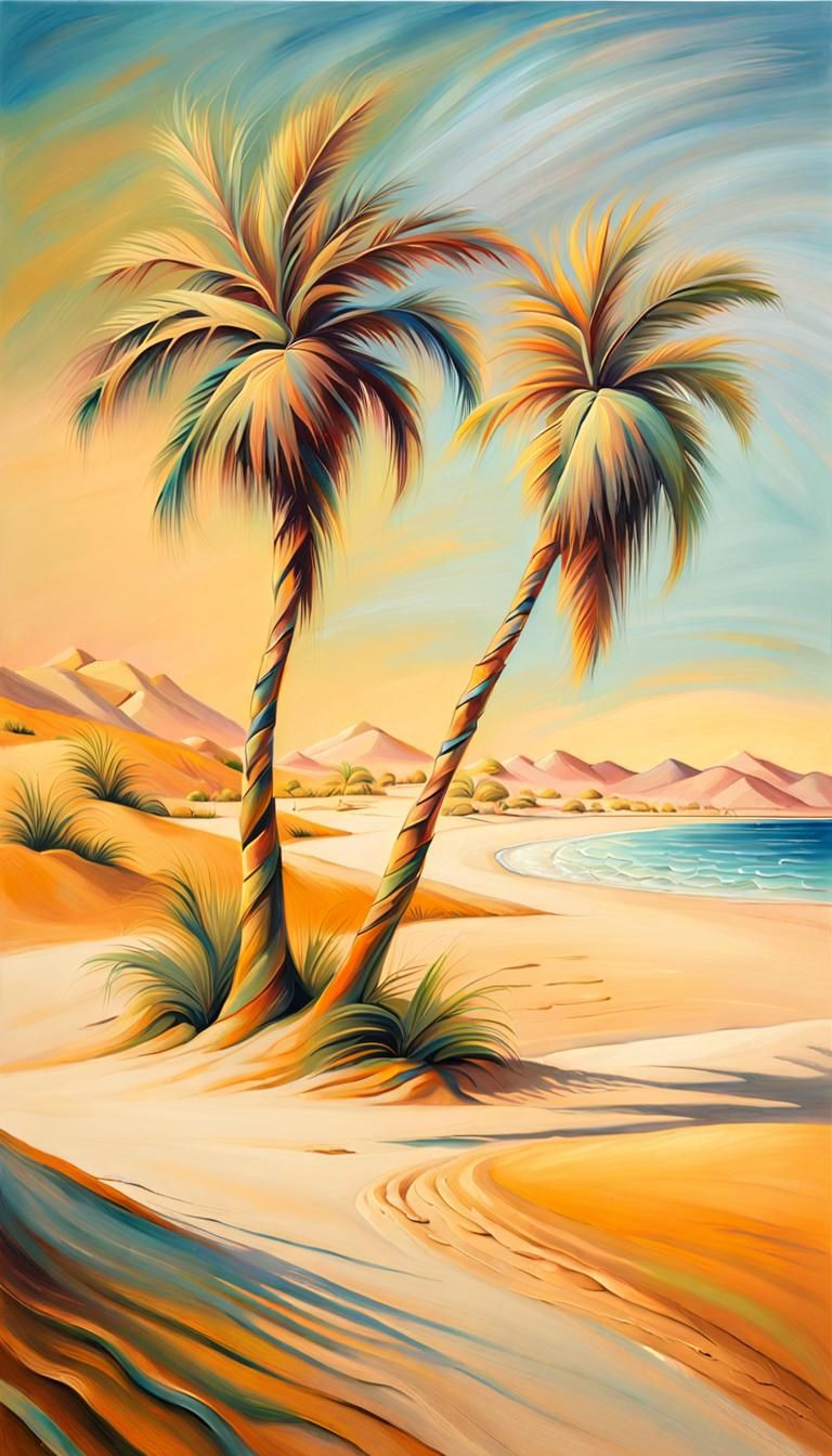 Surreal Palm Trees on Sandy Shore, Oil Painting