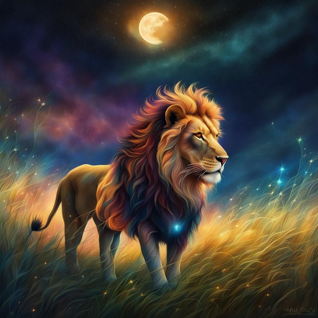 Lion in Jeweled Starlight: Fantasy Illustration