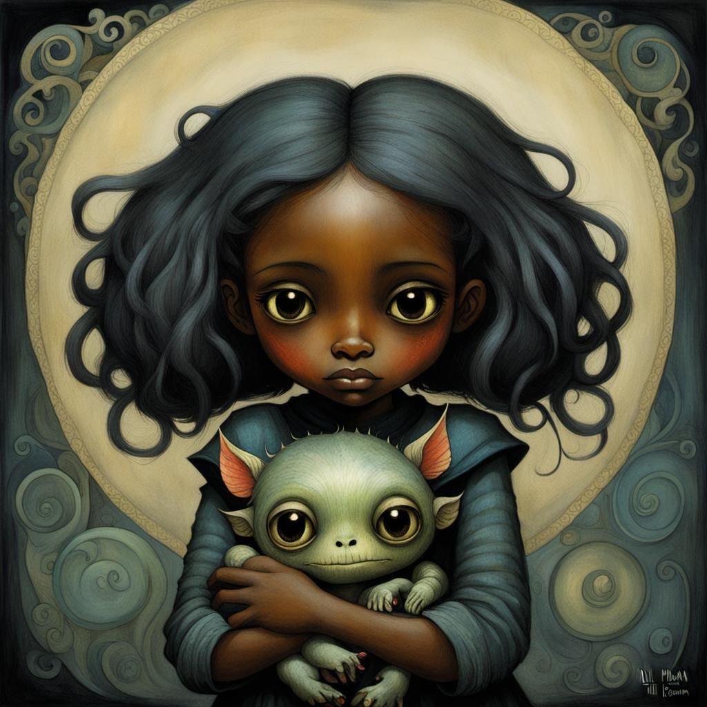 Worried Girl Cuddling Chibi Monster