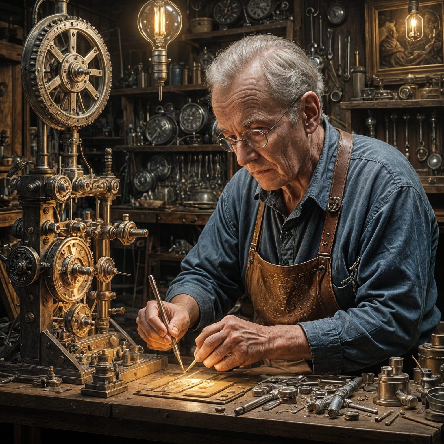 Elderly Artisan Crafts Clockwork Device in Hyperrealistic Oi...