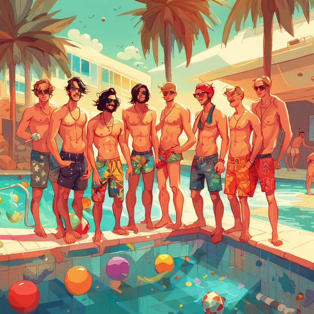 Pool Party with Young Men, Hyperrealistic Digital Art