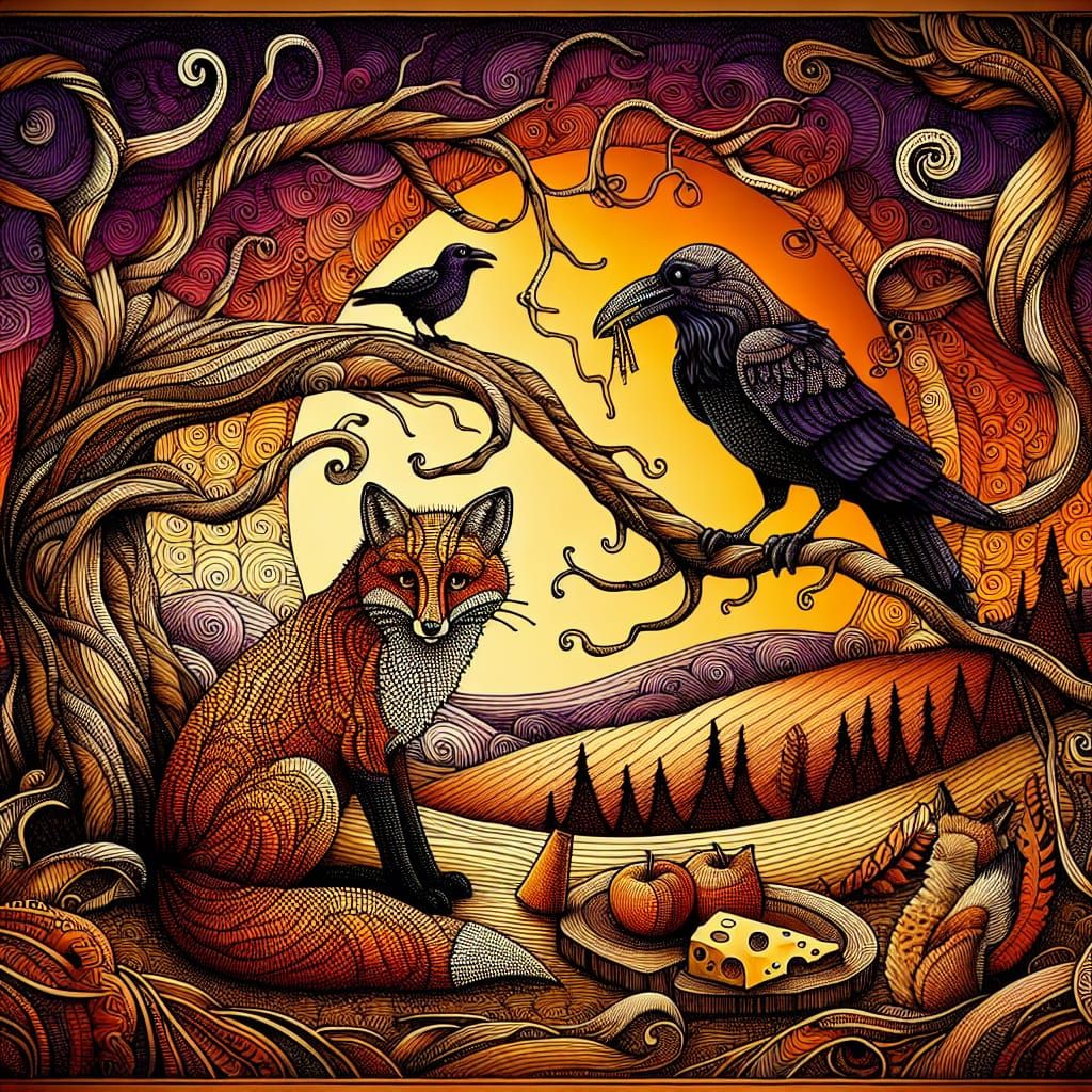 Fox and Raven in Zentangle Sunset Standoff