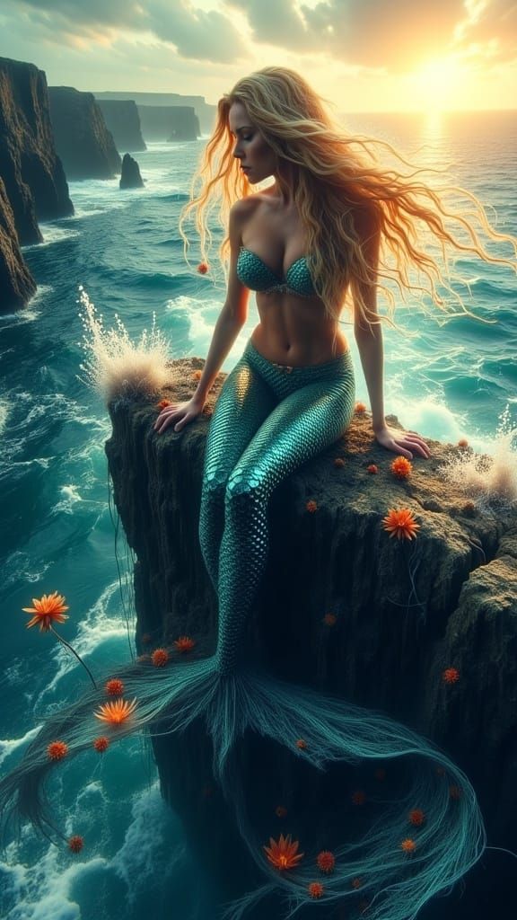 Mermaid Siren Overlooking Ocean in Ethereal Style