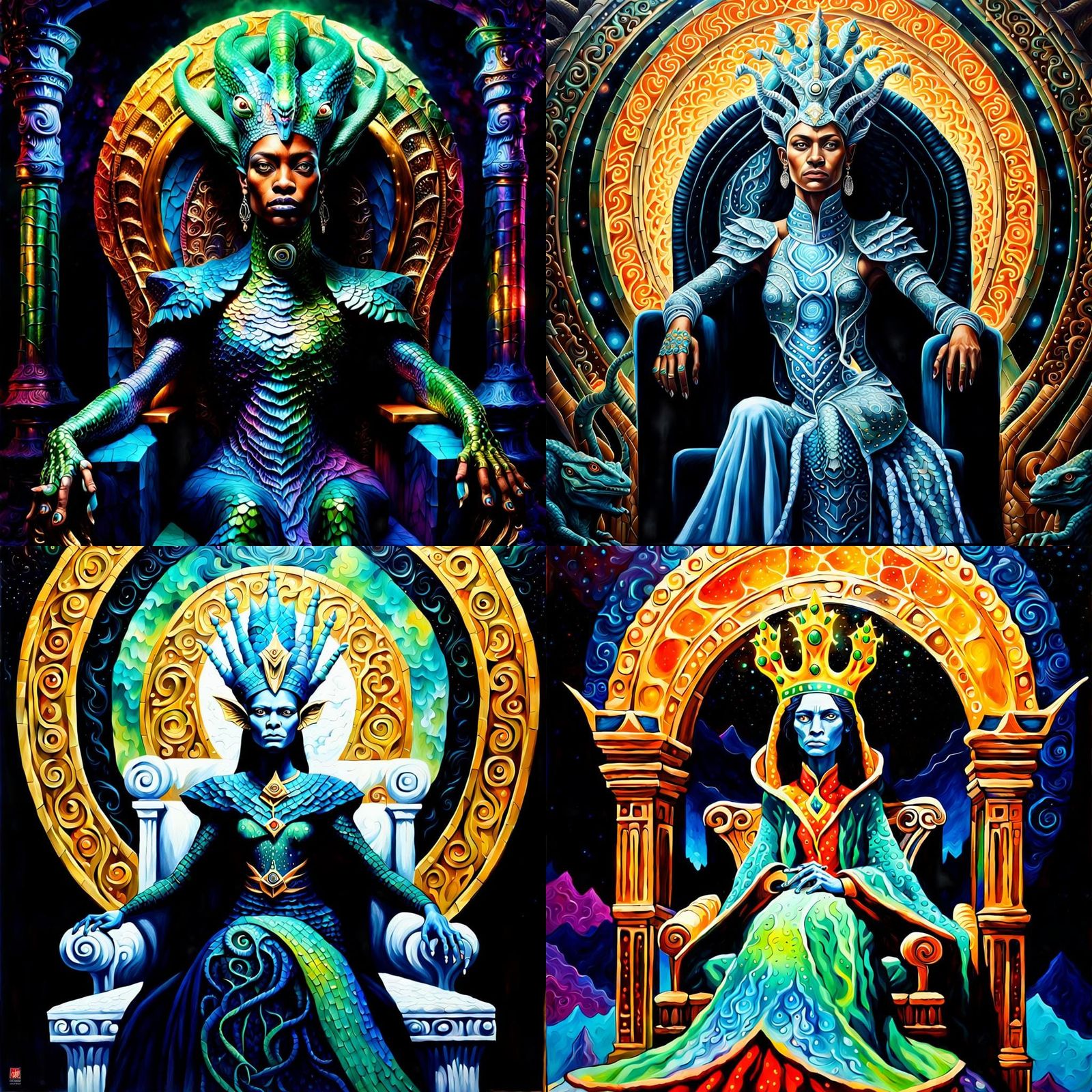 Lizard Queen Illuminati Leader: Hyperrealistic Acrylic Paint...