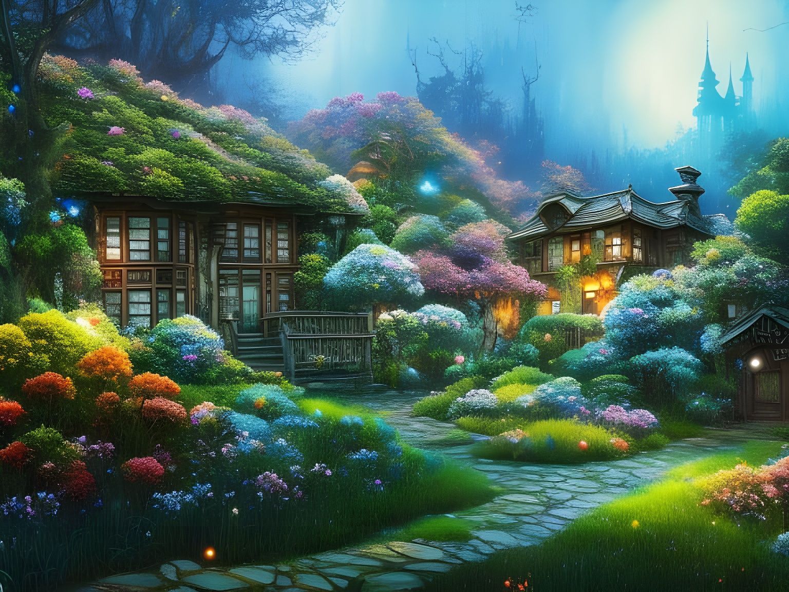 Ghibli-Inspired Apartment Building with Lush Gardens