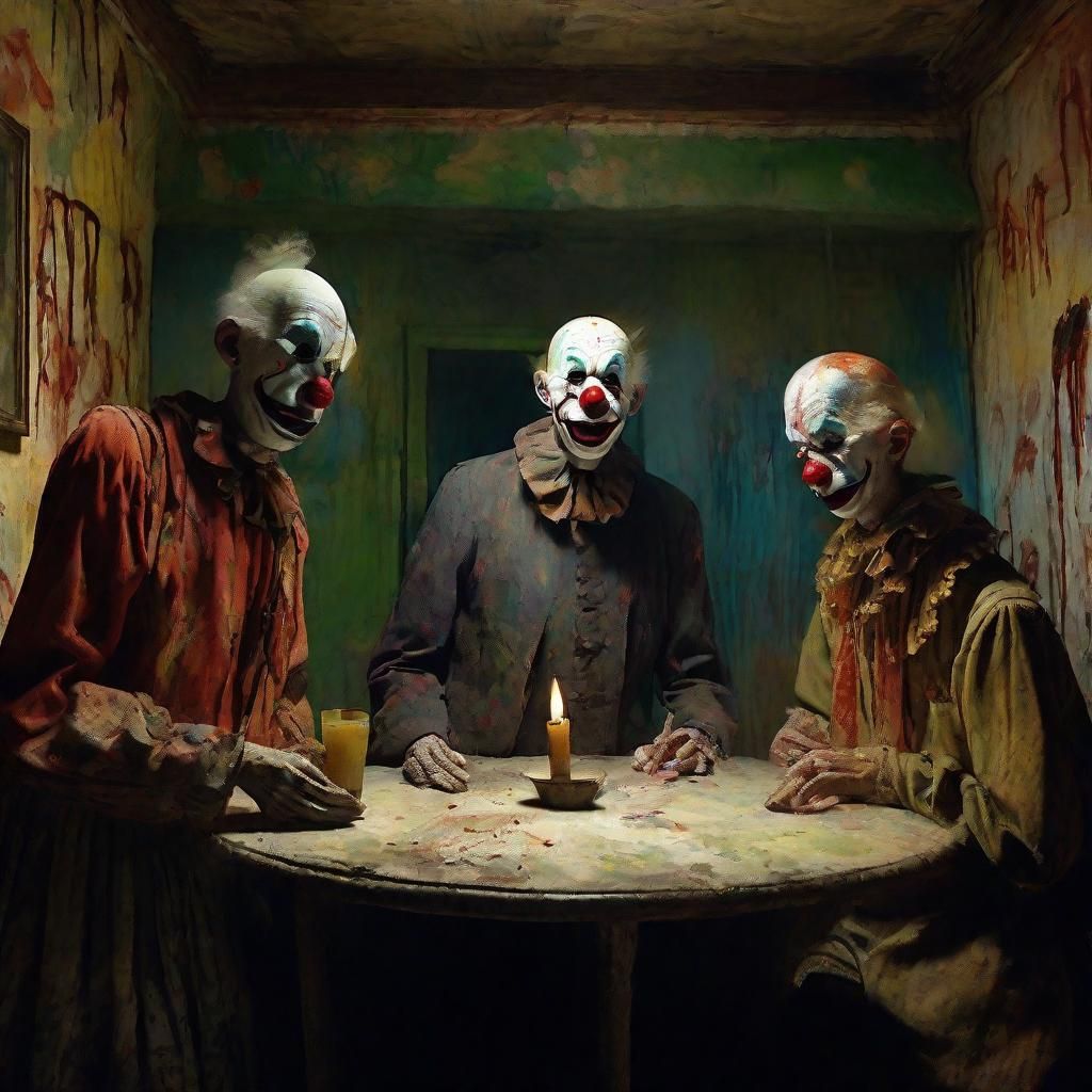 Haunted House with Clowns in Expressionist Style