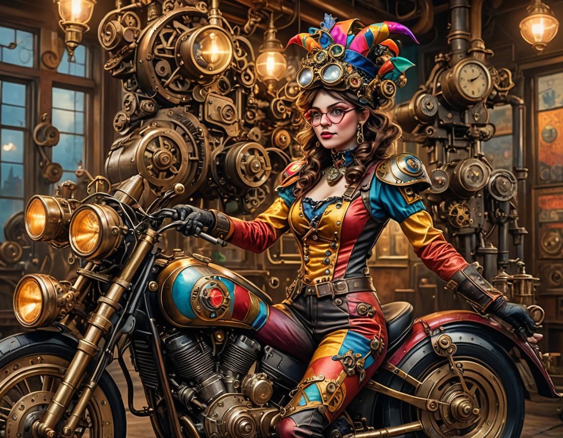 Steampunk Harlequin and Mechanic with Motorcycle