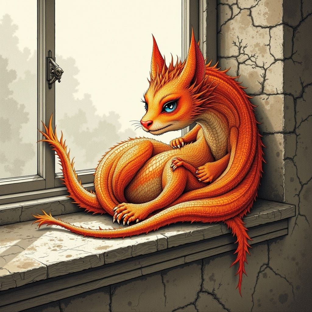 Mischievous Dragon with Cat Scales Gazing Out