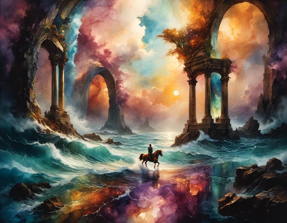 Floating Stone Arch Portal Above Raging Ocean