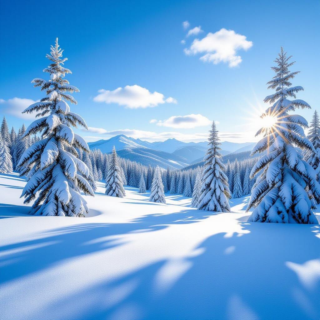 Vast Snow Covered Winter Landscape with Pine Trees