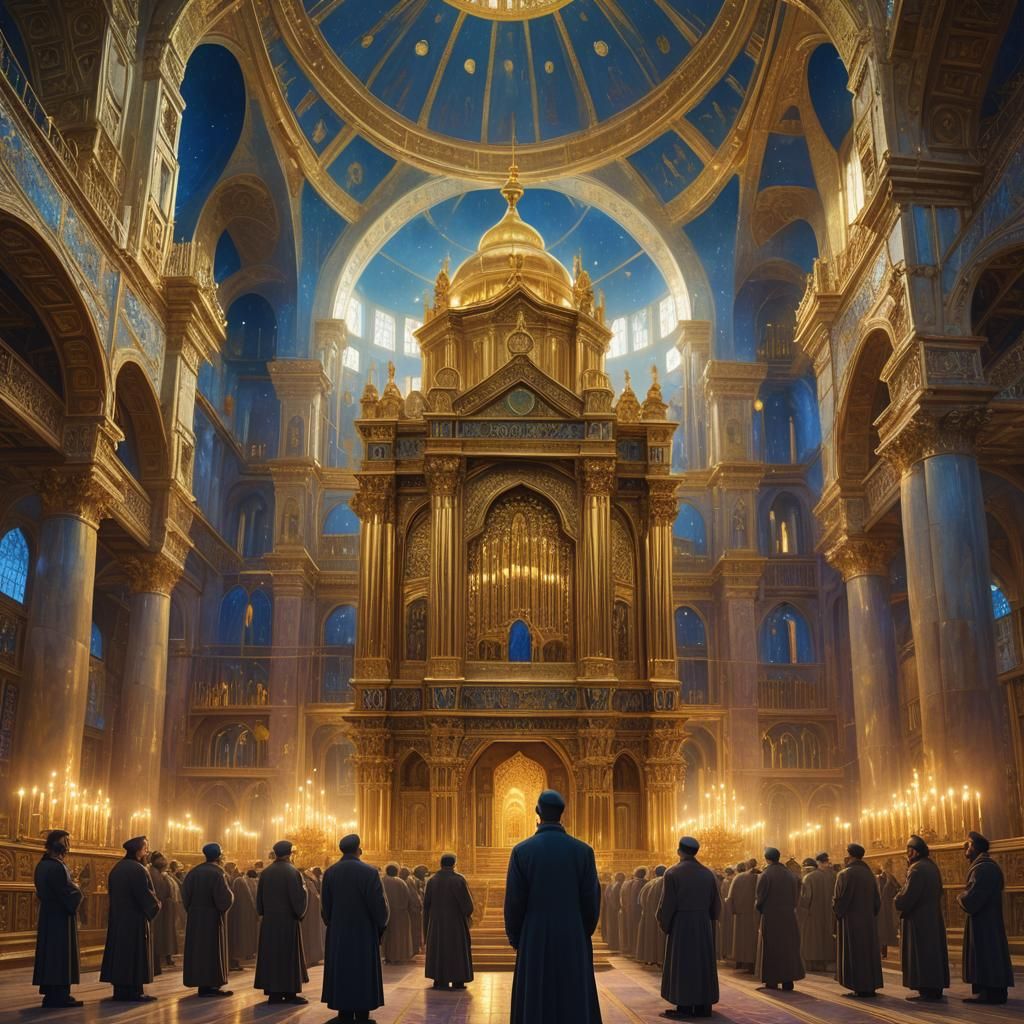 Orthodox Jewish Men Pray in Golden Synagogue