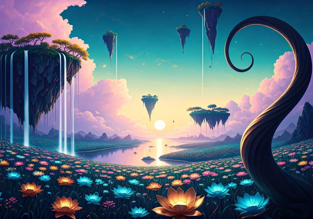 Dreamlike Floating Islands in Surreal Twilight