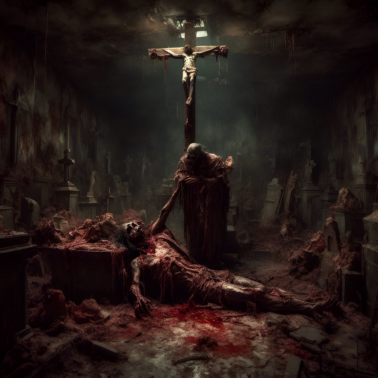 Rotting Zombies Feast in Cemetery Crypt