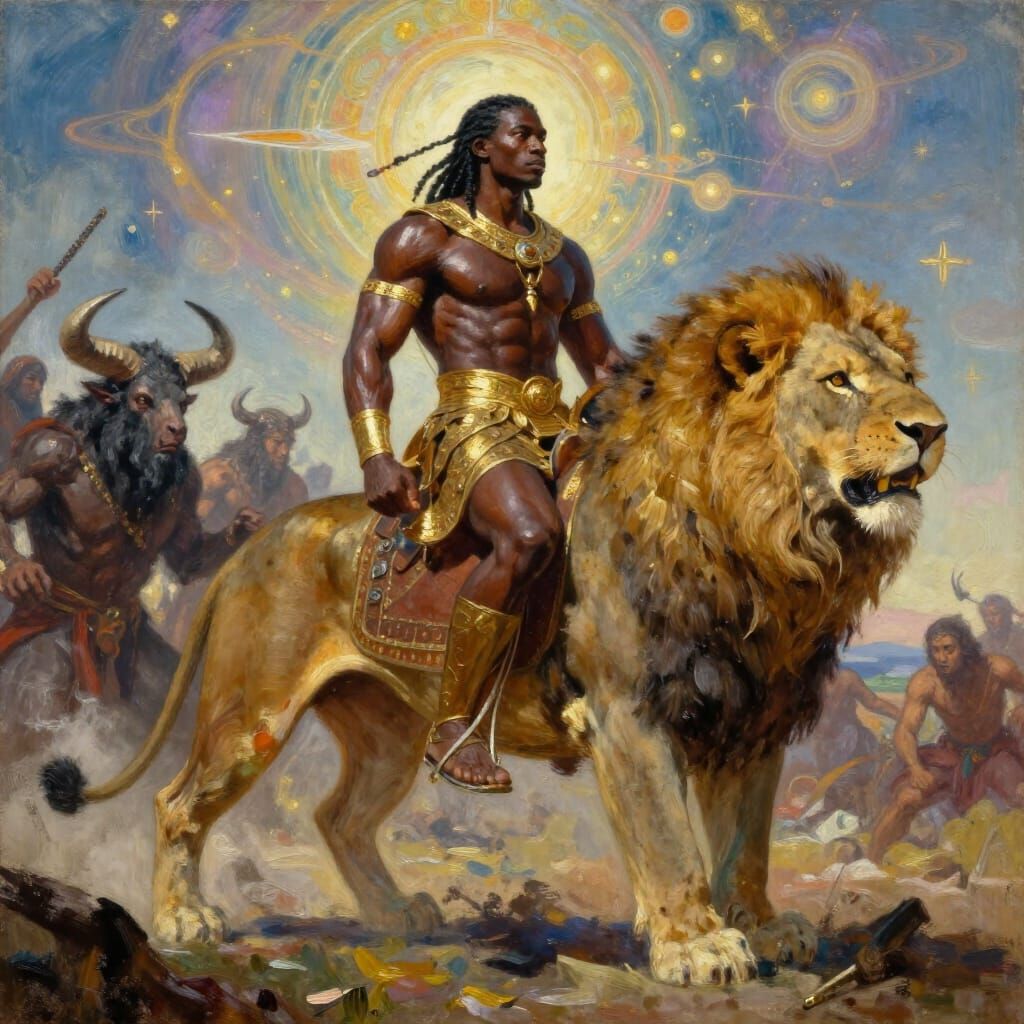 African Warrior God on Lion, Electric Surrealism Style