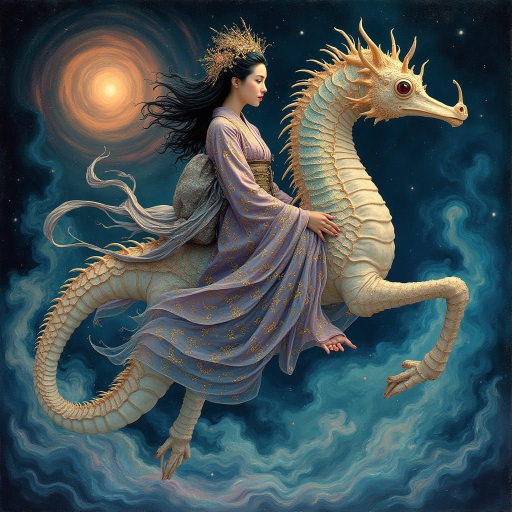 Celestial Geisha Rides Seahorse Through Nebula in Art Nouvea...