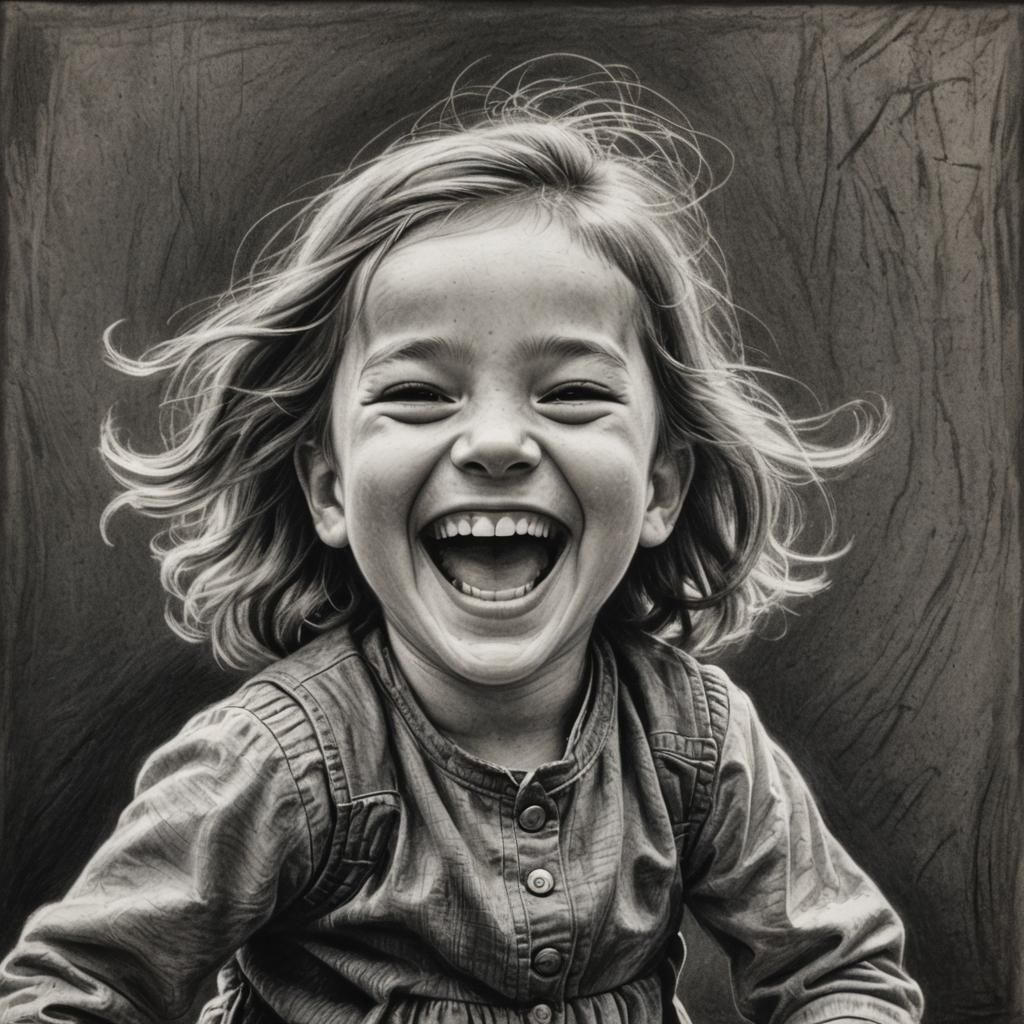 Joyful Girl: Hyperdetailed Charcoal Drawing