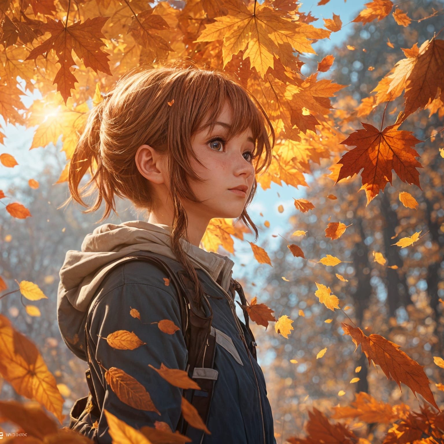Girl with Glowing Autumn Leaf: 3D Anime Art
