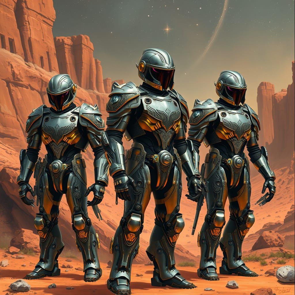 Futuristic Mech Warriors Guard Ruined Martian City