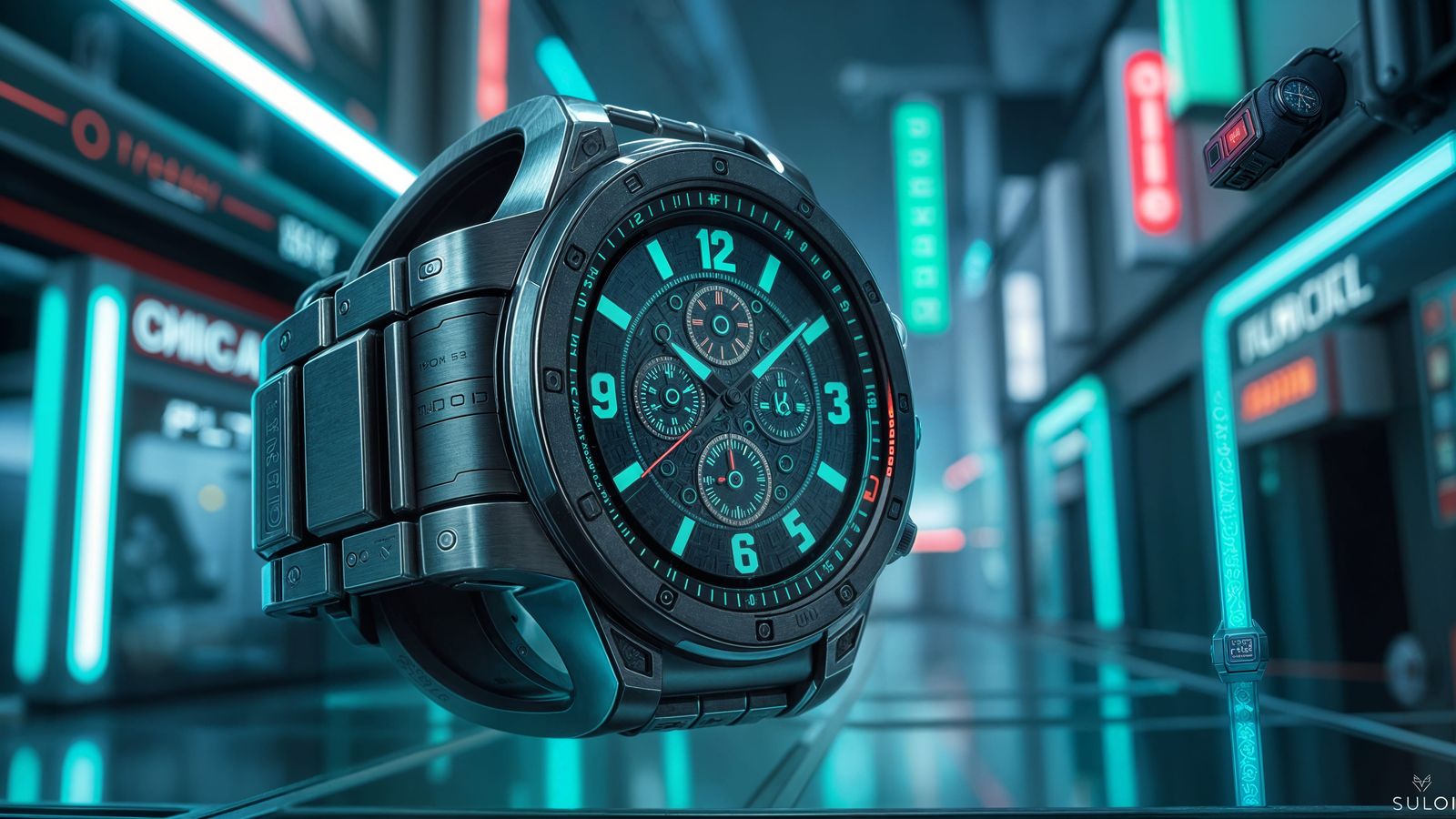Cyberpunk Masterpiece: Futuristic Watch in Neon-Lit Urban La...