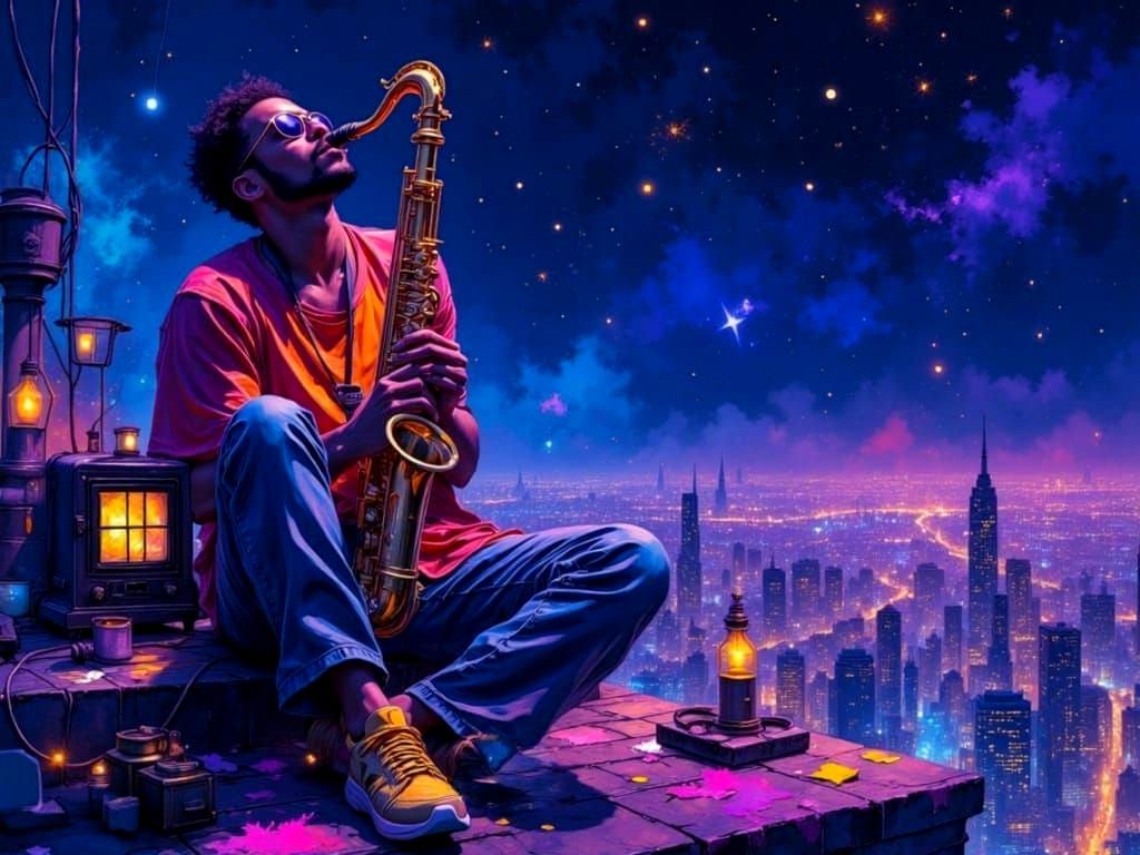 Neon Jazz Musician at Night as Impasto Painting