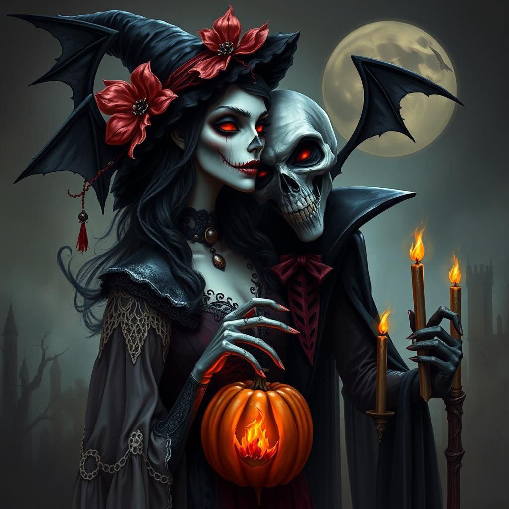 Halloween Witch and Vampire Digital Art Painting