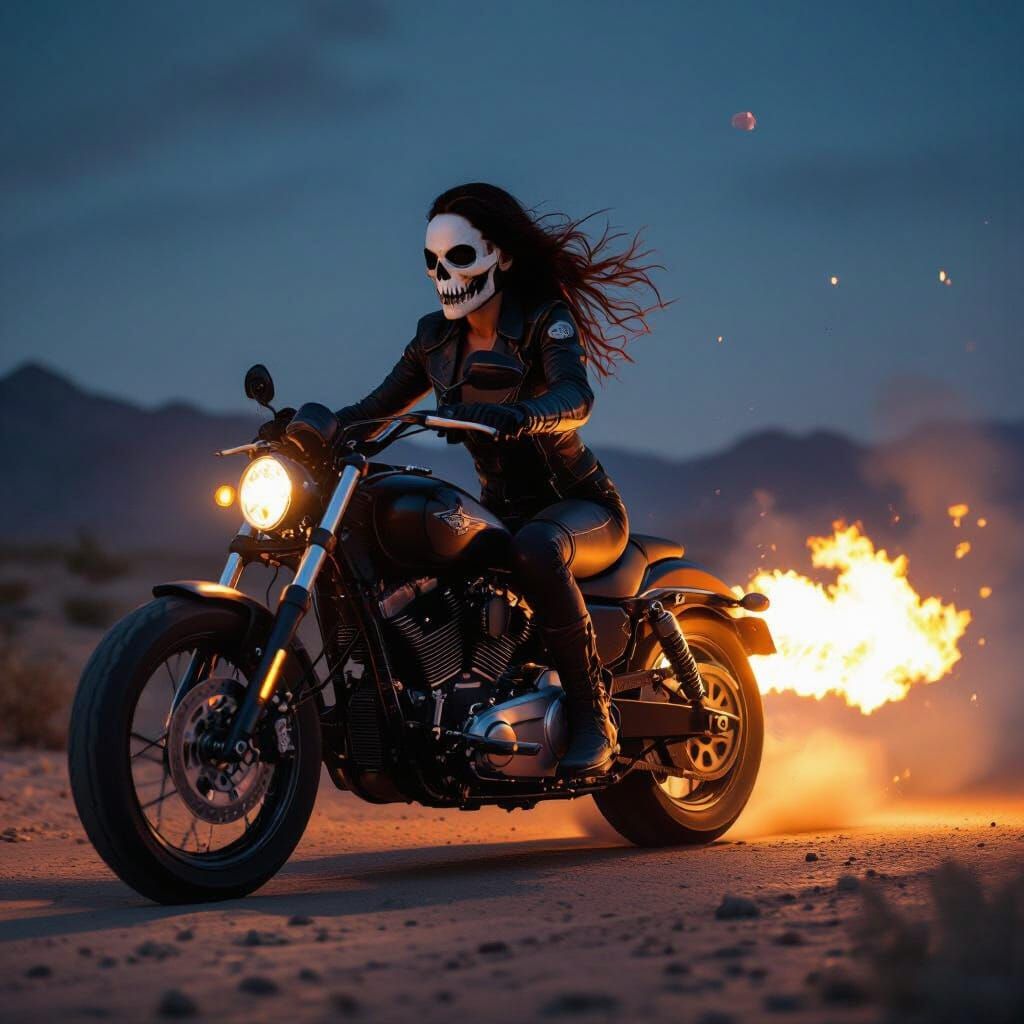 Female Ghostrider on Desert Motorcycle at Night