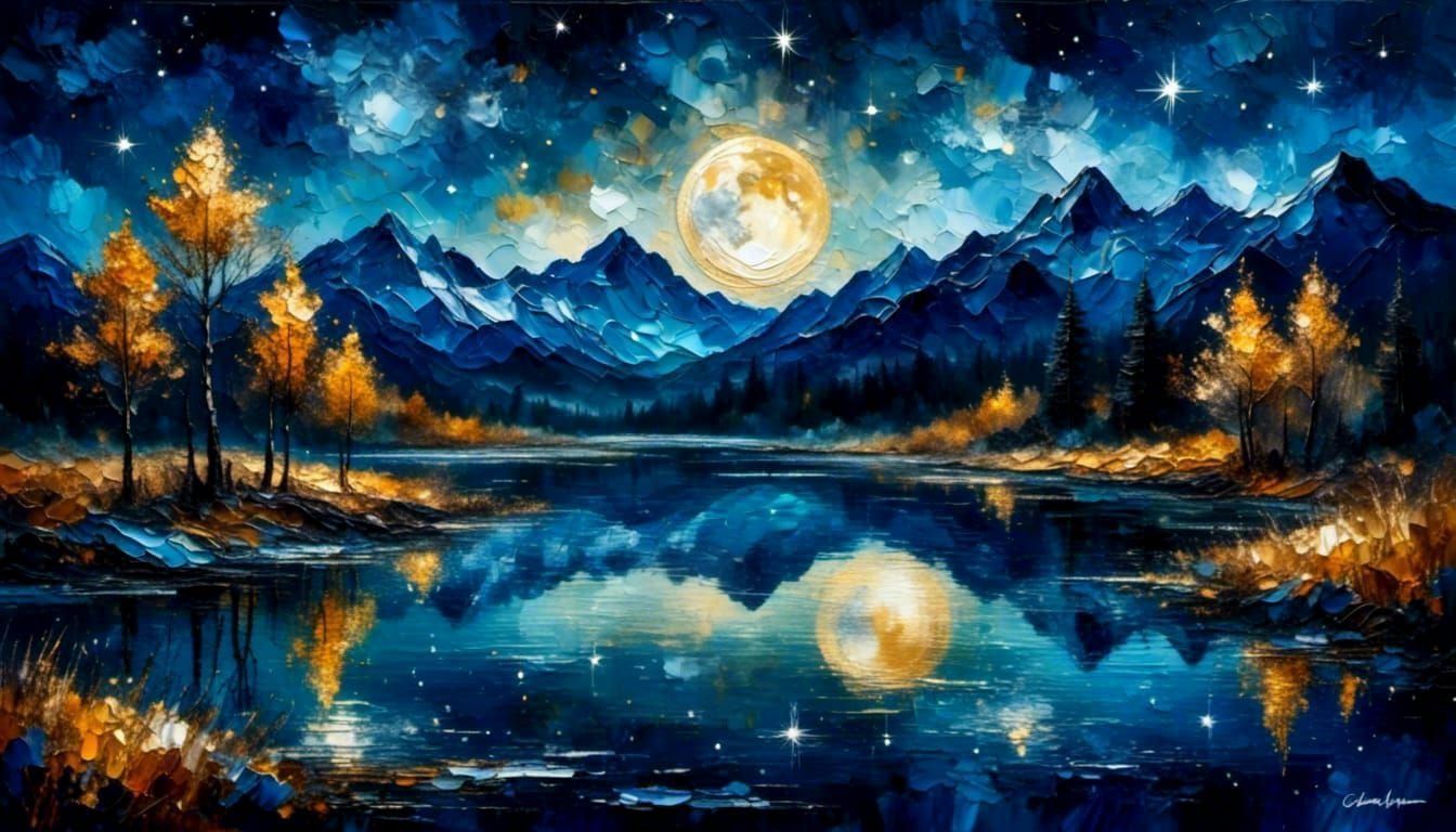 Nightfall Over Serene Lake: Impasto Gouache Watercolour