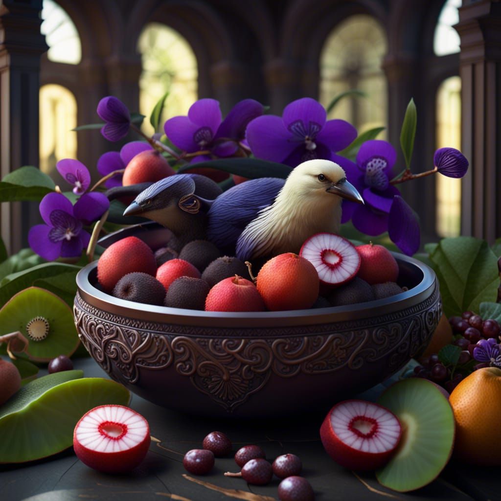 Fruit Bowl Still Life with Kiwi Bird, Detailed Matte Paintin...