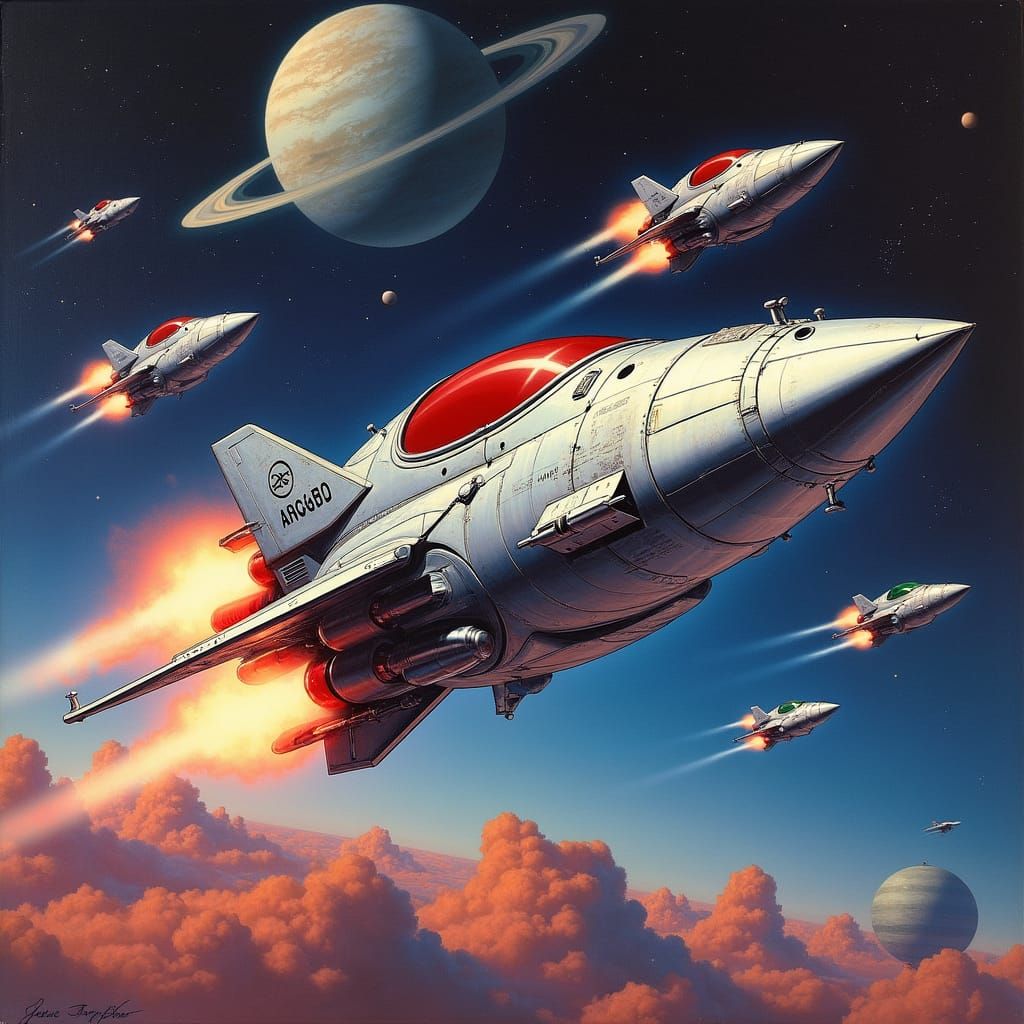 Retro Cyberpunk Space Battle in Sorayama Style