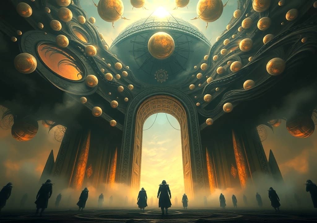 Cosmic Entity Unveils Ethereal Gateway in Dark Fantasy Art