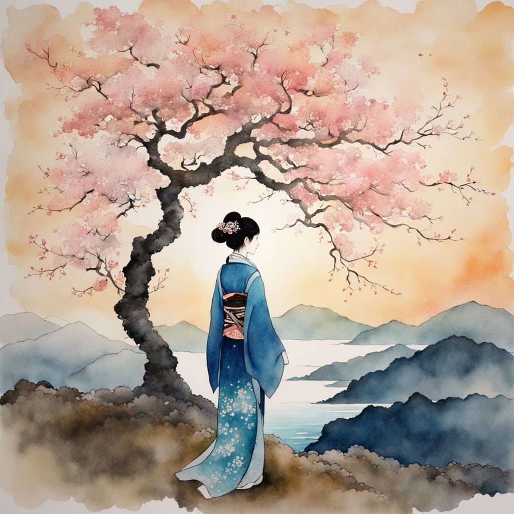 Japanese Woman Contemplating Sunrise from a Hill