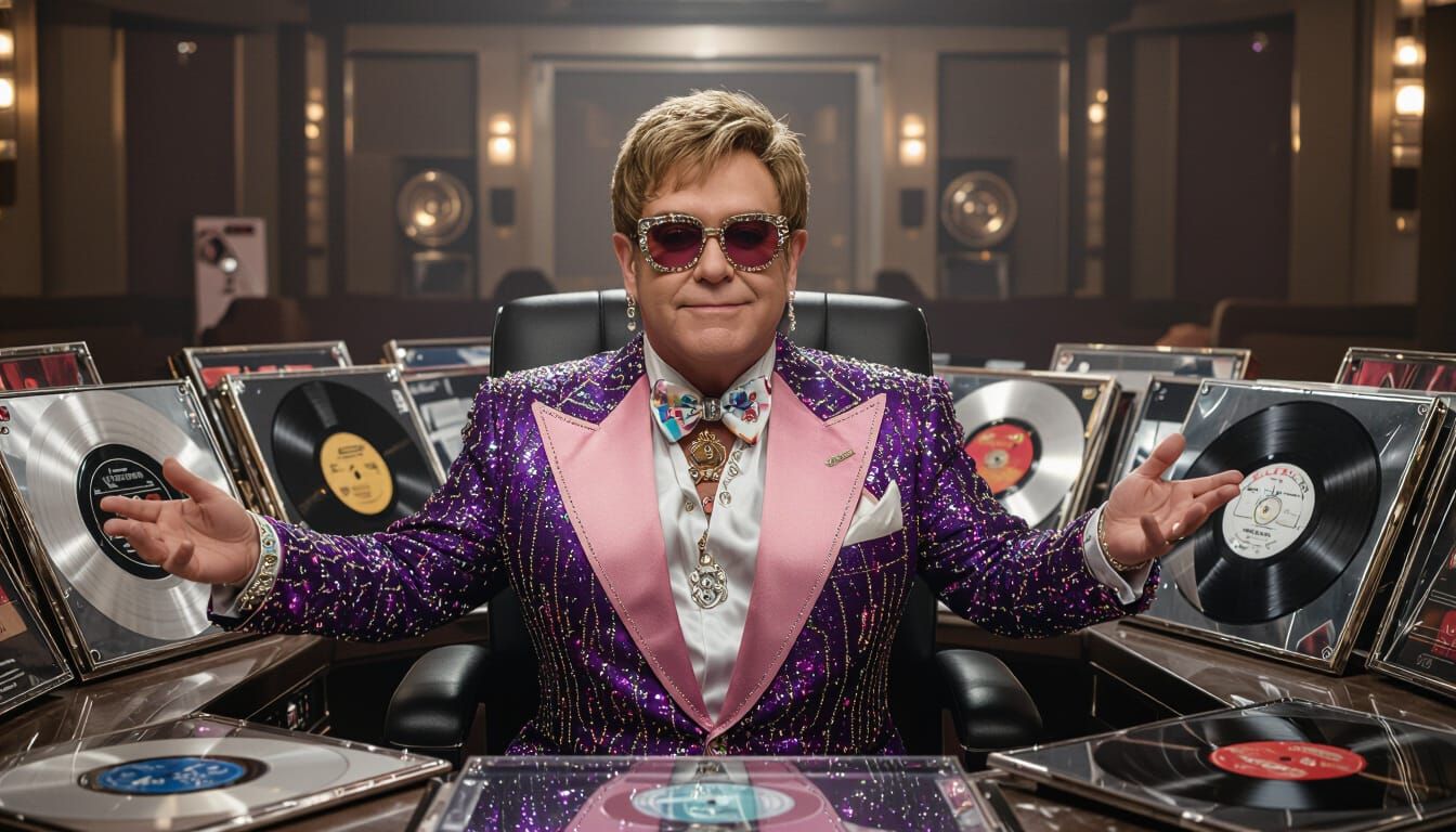 Elton John Surrounded by Awards in Retro-Futuristic Style