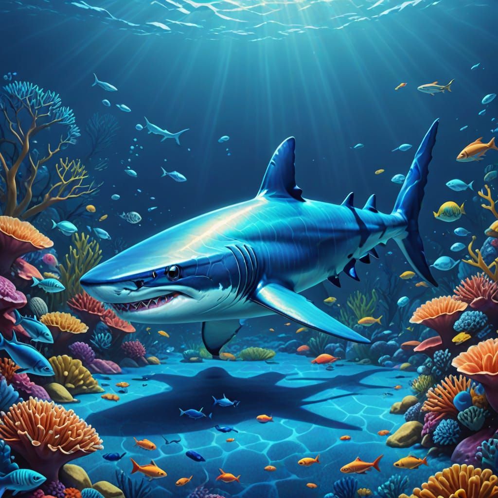 Shimmering Blue Shark in Vibrant Coral Reef