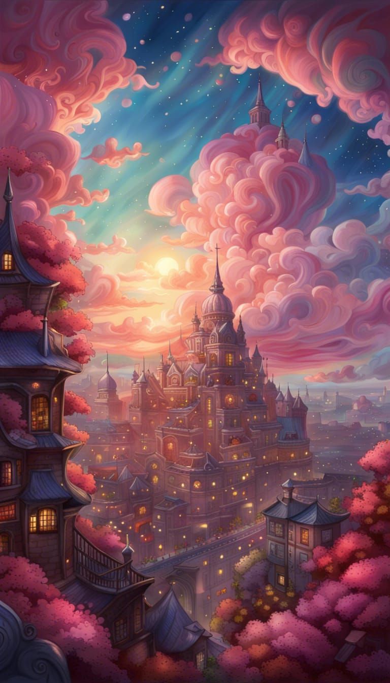Fairytale Cherry Blossom City in Clouds