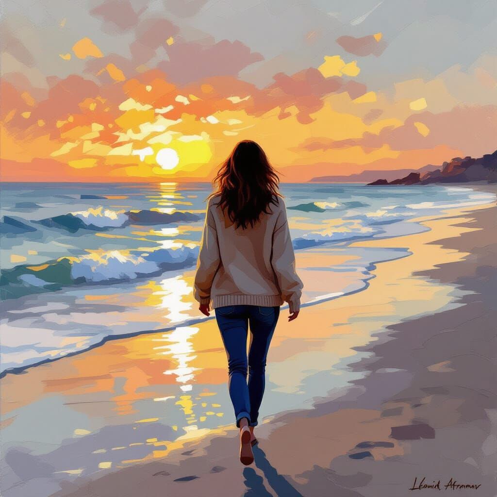 Woman Walking Seashore at Sunset in Impressionist Style
