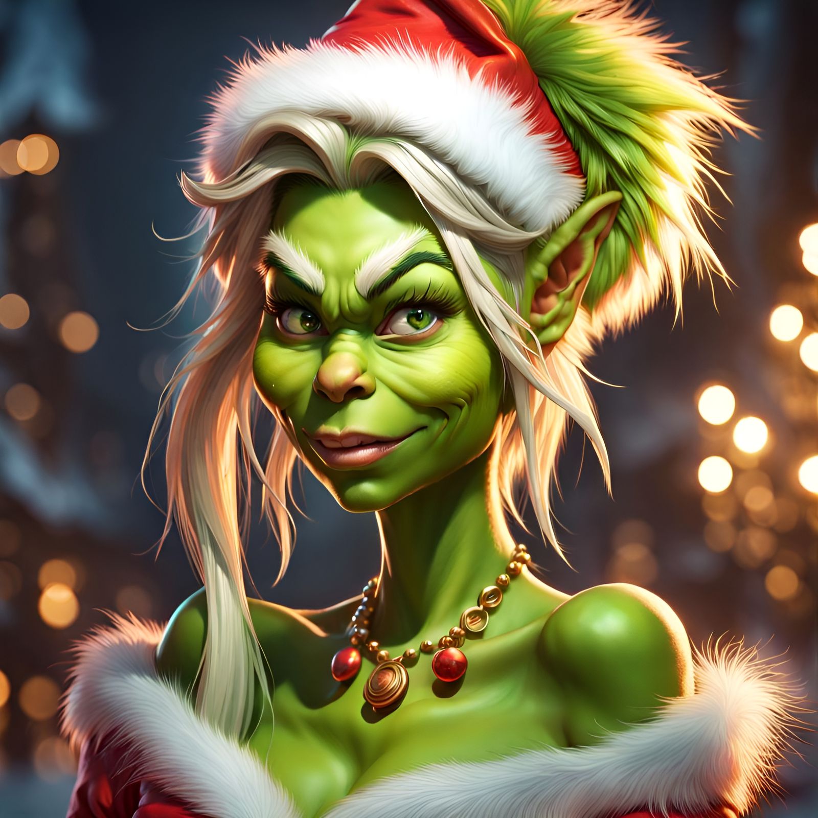Attractive Female Grinch Portrait in Hyperdetailed Style