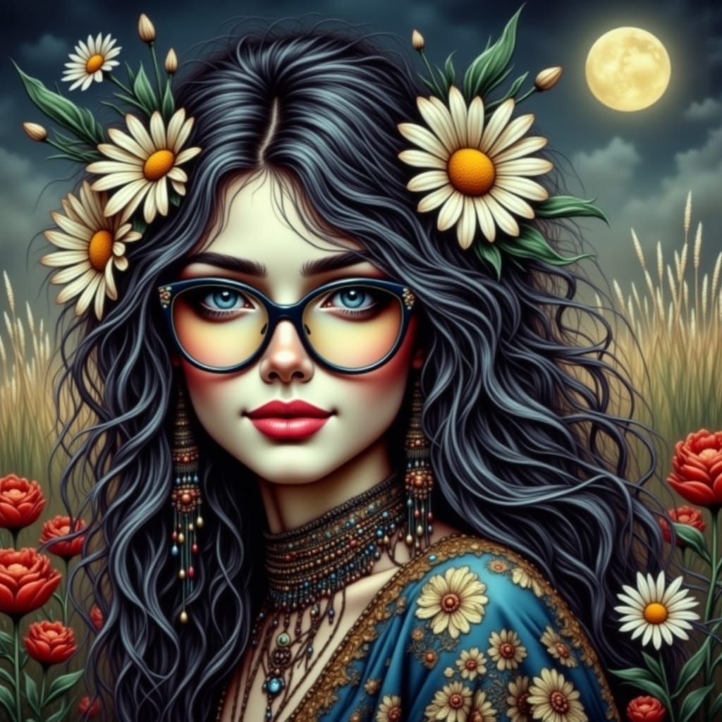 Gothic Dream Girl with Daisies and Full Moon